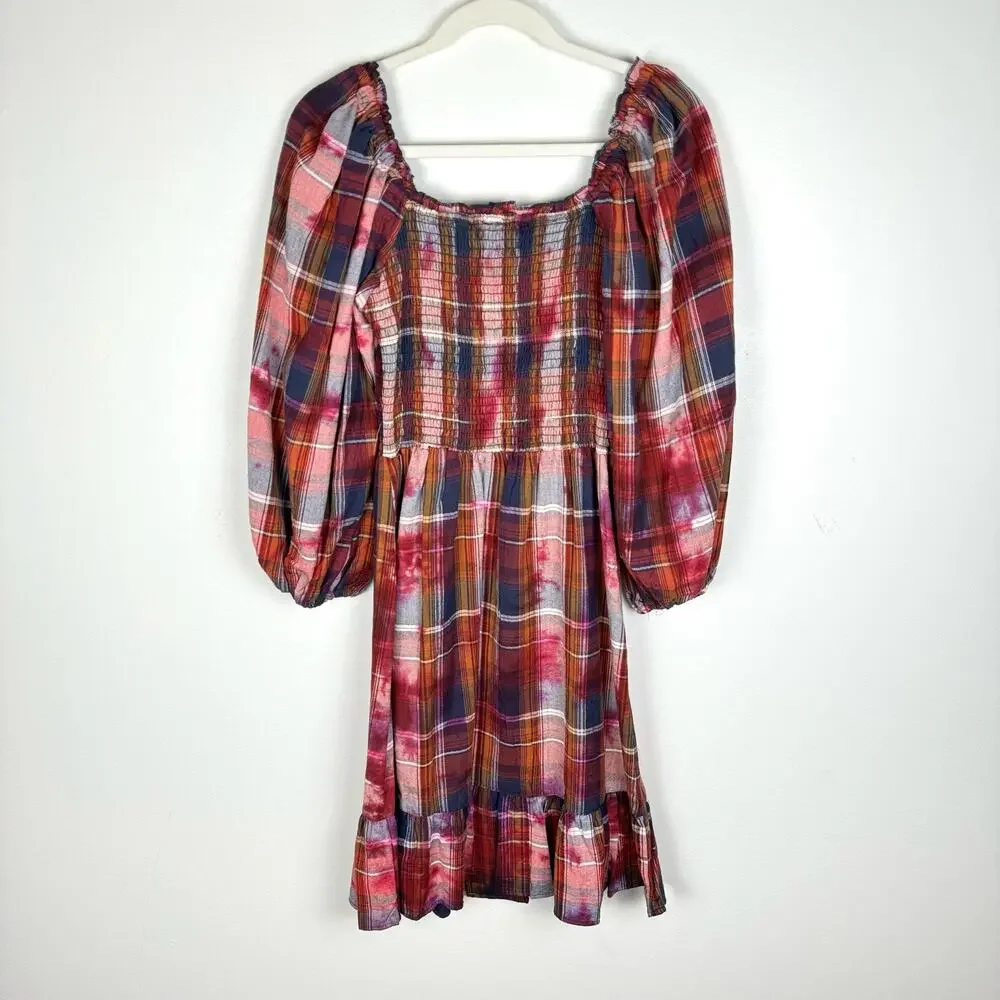 Angie Plaid Flannel Long Sleeve Dress Ruffle Hem Bleach Effect Size S Smocked
